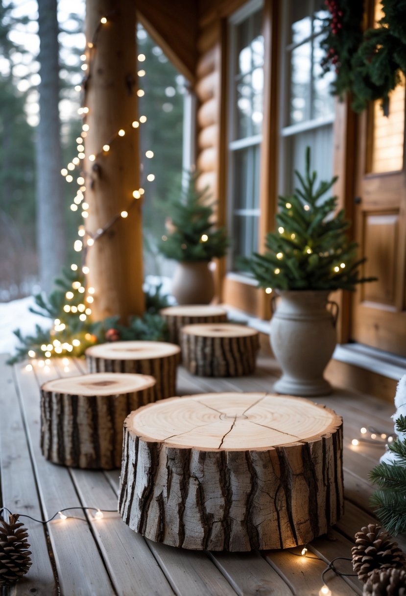 Natural wood log slice side tables arranged on a winter front porch with subtle holiday decorations and a warm front door in the background.